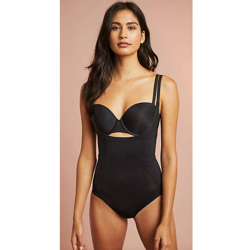 New Anthropologie SPANX Oncore Open-Bust Panty Bodysuit  $84 PLUS 1X Black